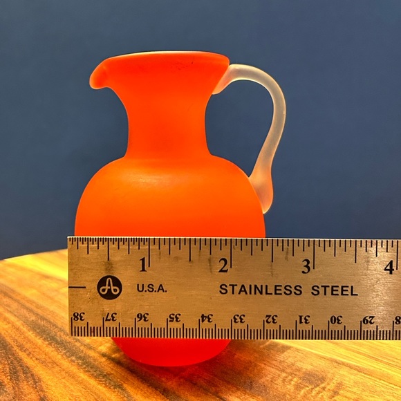 Satin Glass Hand Blown Orange Pitcher with Clear Attached Handle 4.5” X 2.5” - Picture 5 of 6